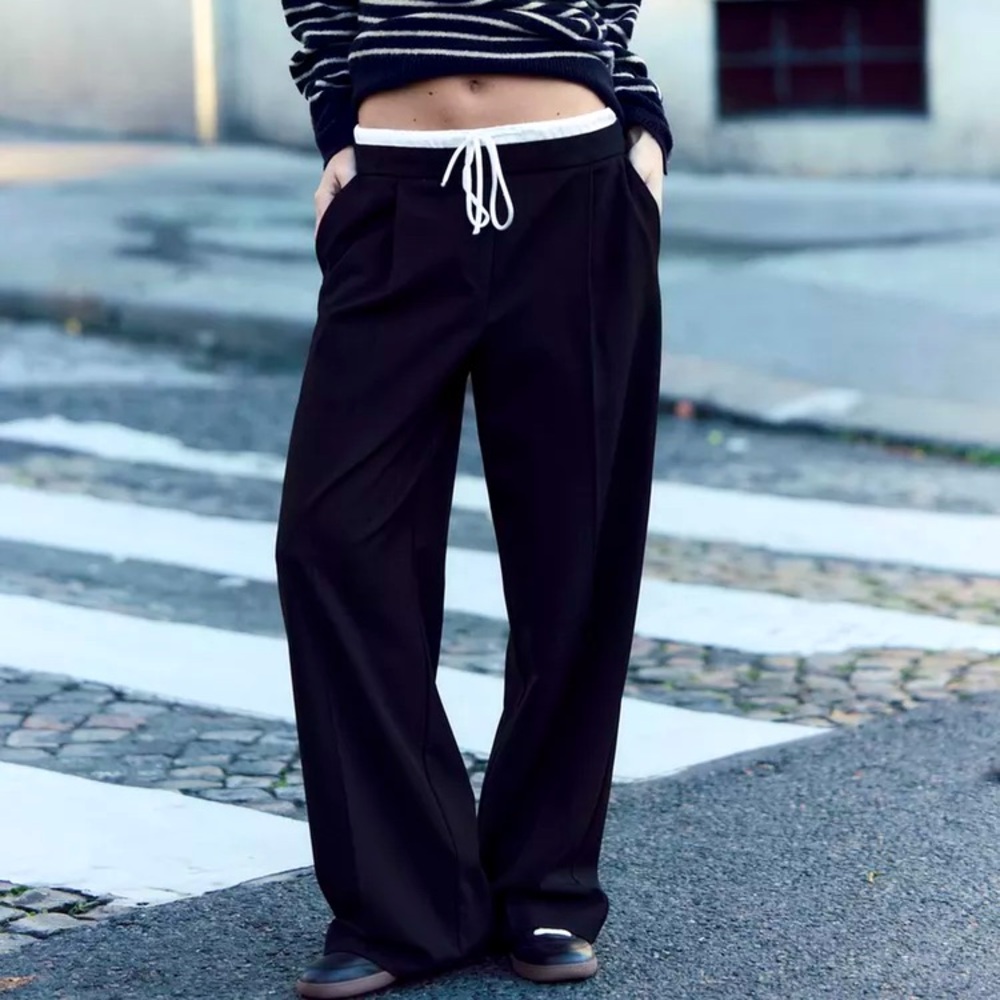 Zara Women's Double Waist Wide Leg Black Casual Pants